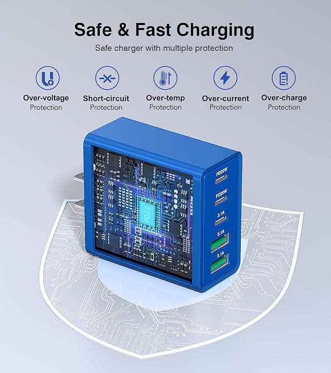 60W USB C Fast Charger Cube,2 Pack PD+QC Charging Block Power Adapter 5 Port Wall Mount Plug for iPhone 17 16 15 14 13, Motorola, LG, Google Pixel 6a/6 Pro/6/5a/5/4/4A Box Brick (Dark Blue)