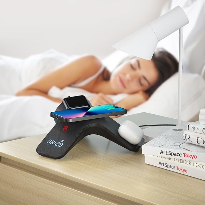 YLF 5-in-1 Wireless Charger station - Fast Charging Wireless Charging Stand with Adapter,Samsung Wireless Charger with 7-Color LED and Bluetooth Clock for iPhone 15/15 Pro/14/13/12,Apple Watch,AirPods