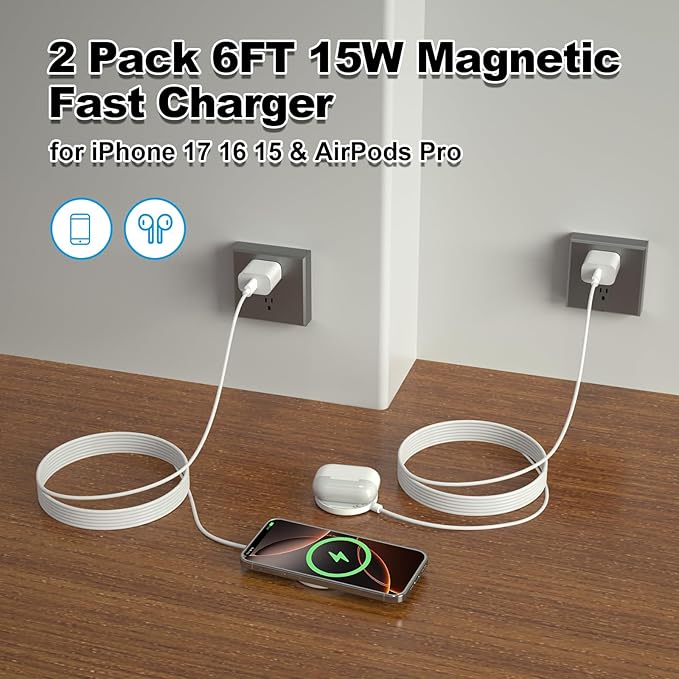 Magnetic Wireless Charger 2Pack 6FT Mag-Safe Charger iPhone Wireless Charger Pad with USB C Charger Plug for iPhone 17 16 15 14 13 12 11 Pro Max/iPhone 16 15 14 Plus/AirPods 2 3 4/AirPods Pro 2 3