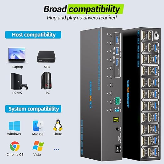 10 Port 8 Port 2 Monitors KVM Switch HDMI 4K@60Hz EDID Simulation, USB 3.0 Dual Monitor KVM Switch 2 Monitors 8 Computers 10 Computers,4 USB3.0 Ports, Audio,RS232,Wired Remote,12V Power,10 USB Cables