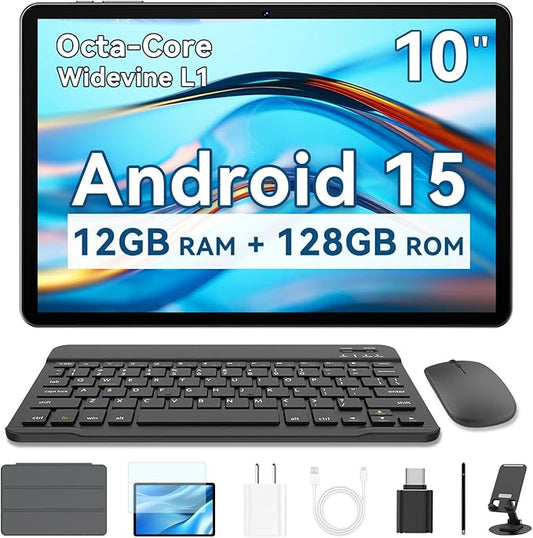 10 Inch Android Tablet, 2025 Android 15 Tablet for Adults, 12GB RAM 128GB Storage 1TB Expandable, Octa-Core 6000mAh, Includes Keyboard Mouse Protective Case, Dual Cameras 8MP 2MP, Face Unlock