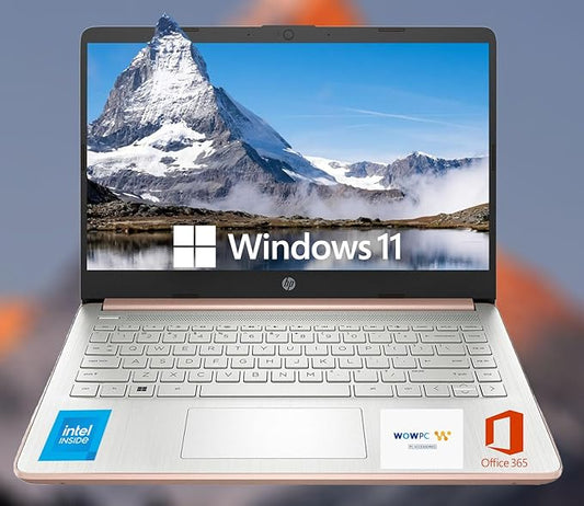 HP 14 Ultrabook • Intel CPU • 16GB RAM • 1.6TB Storage (128GB OnBoard w/ 512GB Portable Drive + 1TB OneDrive) • Up to 12 Hours Battery Life • Windows 11 Home • Rose Gold • w/WOWPC 3-in-1 Bundle
