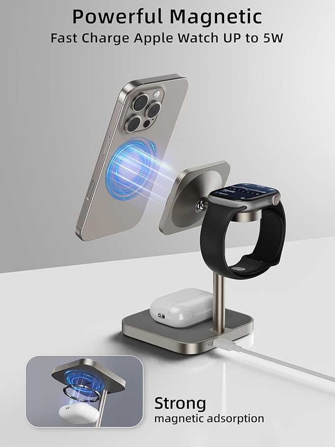 [Qi2 Certified ] LULULOOK 3 in 1 Charging Station with MagSafe, 15W QI2 Wireless Charger Stand Magnetic Charger for iPhone 17/16/15/14/13/12 Series, AirPods Pro/3/4, Apple Watch with 30W PD Adapter