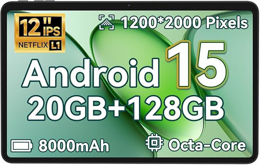 Tablet 12 Inch, Android 15 Tablet, 20GB RAM 128GB ROM 2TB Expand, Tablets with IPS 1200 * 2000,2K Display, T615 Octa Core CPU, 5MP+13MP, Widevine L1, 8000mAh Battery, BT5.2, GPS, 2.4G/5G WiFi (Gray)