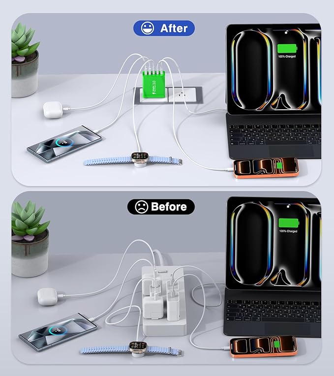 2 Pack 60W USB C Fast Charger Block,5-Port Type C Wall Charger Brick,2 USB A & 3 USB C PD3.0 Power Adapter Multiport Charging Plug Box for iPhone 13/14/15/16/17,Pad Mini/Pro, Cellphones(Green)