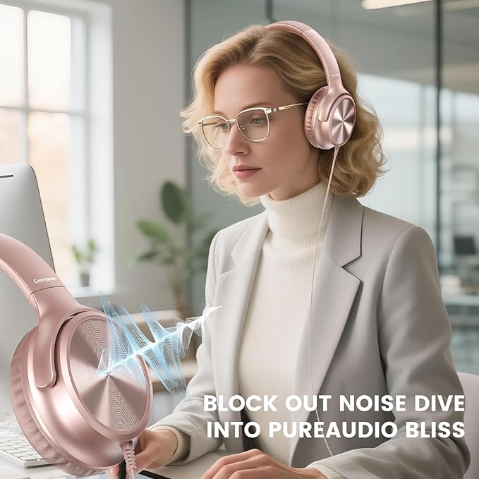 Over Ear Headphones Wired, Foldable 3.5mm Wired Headphones with Microphone, Volume Control, HD Stereo Sound, Lightweight Headphones for Adult/Teens/Chromebooks/Laptop/Computer/Tablets, Rose