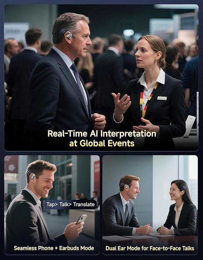 AI Translation Earbuds Real Time Interpretation– 144 Language Translator Device No Subscription, Pocket-Sized Wireless Bluetooth Translator Headphones for International Conferences, Trade Show& Travel