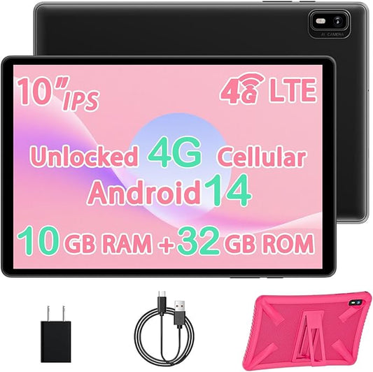 10 Inch Tablet Android 14 Tablet with Sim Card Slot Unlocked, 10GB RAM, 32GB ROM, 1TB Expandable, 8MP Camera, 2.4G/5G WiFi, BT5.0, Cellular Tableta with GPS, Protective Case (Pink)