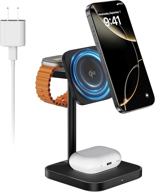 [Qi2 Certified ] LULULOOK 3 in 1 Charging Station with MagSafe, 15W QI2 Wireless Charger Stand Magnetic Charger for iPhone 17/16/15/14/13/12 Series, AirPods Pro/3/4, Apple Watch with 30W PD Adapter