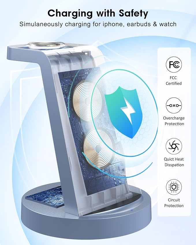 3 in 1 Charging Station for Apple Device, Wireless Charger for iPhone 16 15 14 13 12 11 Pro Max & Apple Watch iwatch- Charging Stand Dock for AirPods