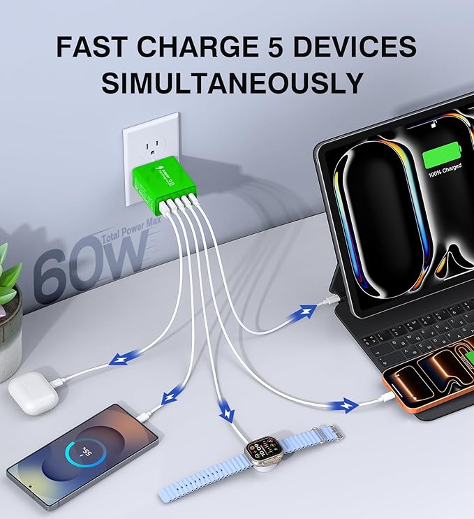 2 Pack 60W USB C Fast Charger Block,5-Port Type C Wall Charger Brick,2 USB A & 3 USB C PD3.0 Power Adapter Multiport Charging Plug Box for iPhone 13/14/15/16/17,Pad Mini/Pro, Cellphones(Green)