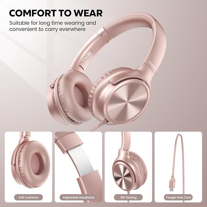 Over Ear Headphones Wired, Foldable 3.5mm Wired Headphones with Microphone, Volume Control, HD Stereo Sound, Lightweight Headphones for Adult/Teens/Chromebooks/Laptop/Computer/Tablets, Rose
