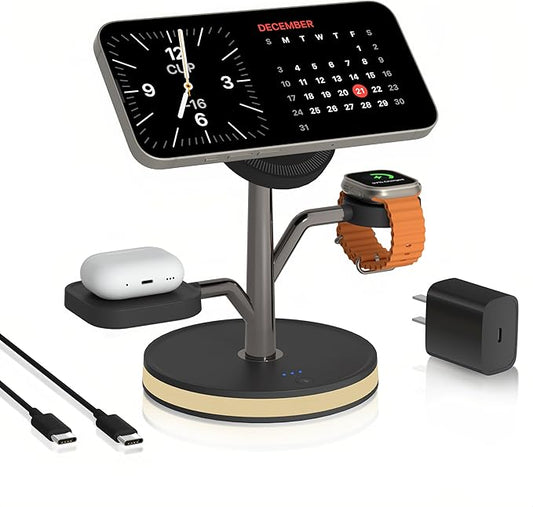3 in 1 Charging Station for Apple Devices, Fast Charging Magsafe Charger Stand with LED Light and 20W PD Adapter, Wireless Nightstand Charger for iPhone16/15/14/13/12 Series& AirPods& iWatch and More