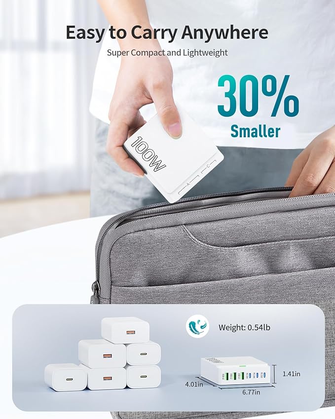 USB C Charger Block Charging Station: 100W 6 Port GaN Fast Charging Brick Hub Cube Box - PD 3.0 Type C & USB A Wall Charger Power Adapter for All iPhone 17 iPad Samsung Android Pixel Series