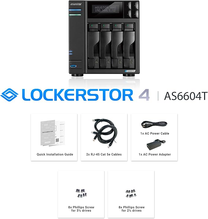 Asustor Lockerstor 4 AS6604T - 4 Bay NAS, Quad-Core 2.0GHz CPU, 2 2.5GbE Ports, 4GB RAM DDR4, 2 M.2 SSD Slots, Network Attached Storage (Diskless)