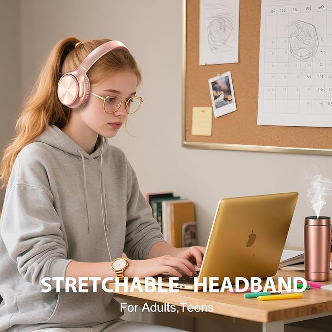 Over Ear Headphones Wired, Foldable 3.5mm Wired Headphones with Microphone, Volume Control, HD Stereo Sound, Lightweight Headphones for Adult/Teens/Chromebooks/Laptop/Computer/Tablets, Rose