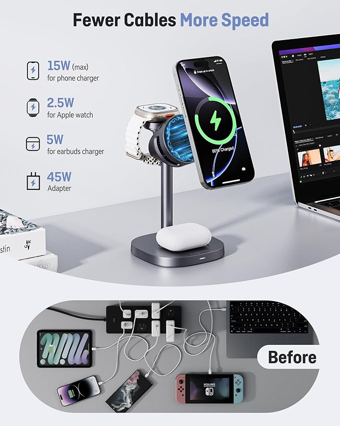 2025 New Magnetic Wireless Charger Stand with TEC Active Cooling, 15W Qi2-Certified 3 in 1 Charging Station for Apple Charger Stand, Wireless Charger for iPhone17/16/15/14/13/12, Apple Watch, AirPods