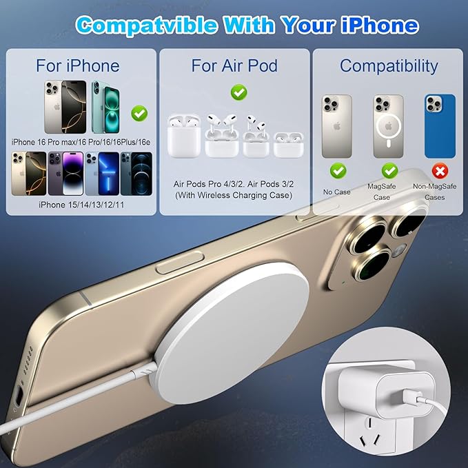 Magnetic Wireless Charger iPhone,Wireless Mag Safe Charger Magnetics Charger Pad USB C Charging Block and 10FT Mag-Safe Magnetic Chargers for iPhone 17 Pro Max/17 Air/16/15/14 Pro,AirPods Pro 3