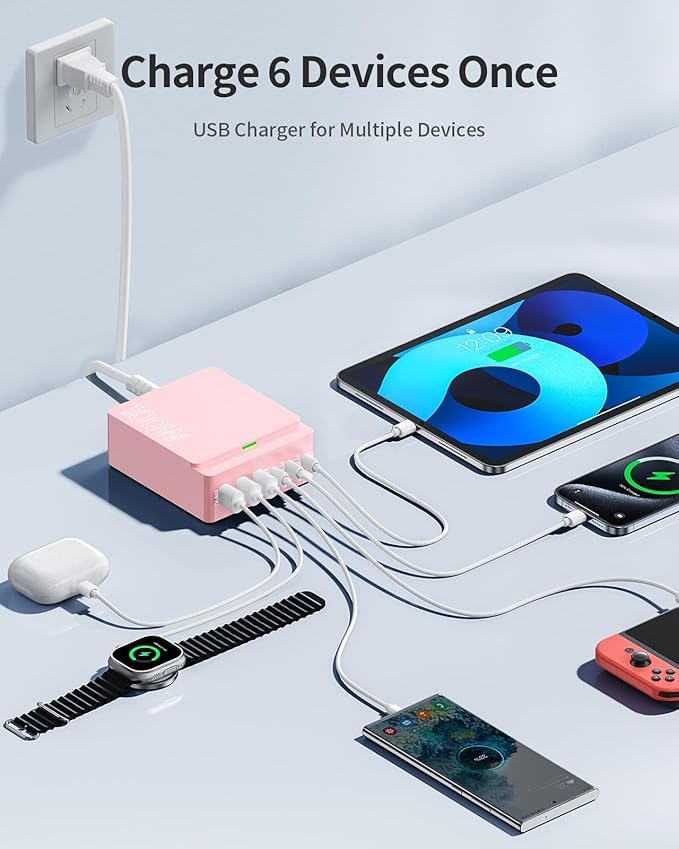 USB C Charger Block Charging Station: 100W 6 Port GaN Fast Charging Brick Hub Cube Box - PD 3.0 Type C & USB A Wall Charger Power Adapter for All iPhone 17 iPad Samsung Android Pixel Series