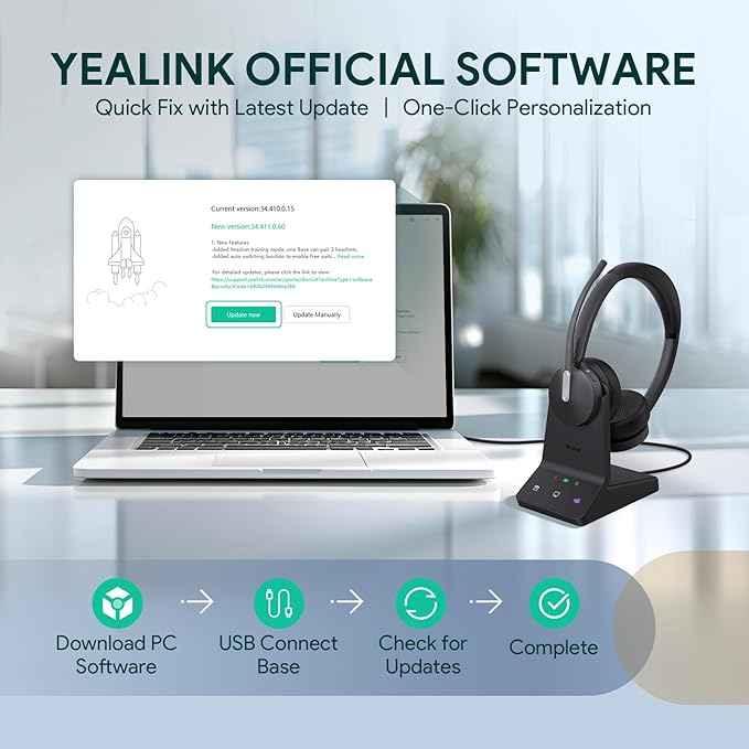 Yealink WH64 DECT & Bluetooth Mono Teams Wireless Headset, 606ft Long Range Work Headphones 3X Noise Cancelling Mic, 26H Calls, Ringtone, Office Single On Ear Headsets (DeskPhone,Laptop,PC,Cellphone)