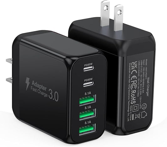 [2-Pack]50W USB C Wall Charger Block, 5-Port C Charger Fast Charging Block PD Power Adapter +QC 3.0 Multiport Type C Box Brick Cube USB A Wall Plug for iPhone 14/15/16/17 Pro Max,Samsung Galaxy(Black)