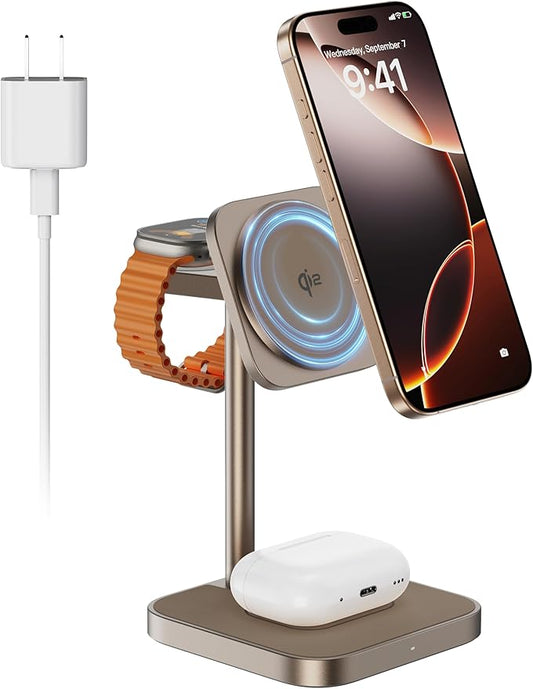 [Qi2 Certified ] LULULOOK 3 in 1 Charging Station with MagSafe, 15W QI2 Wireless Charger Stand Magnetic Charger for iPhone 17/16/15/14/13/12 Series, AirPods Pro/3/4, Apple Watch with 30W PD Adapter