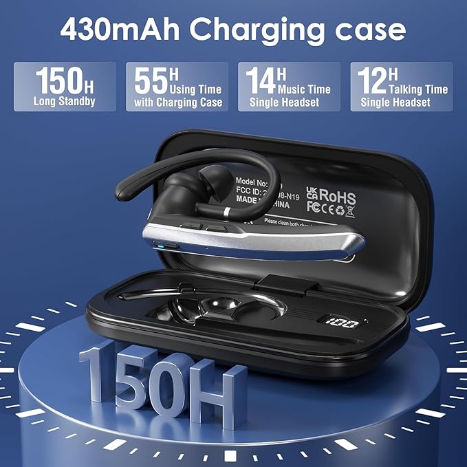 Bluetooth Headset with Microphone, Wireless Earpiece with Noise Cancelling Mic, Charging Case, Hands-Free Bluetooth 5.3 Earbud for Truckers, Zoom, Teams, Driving