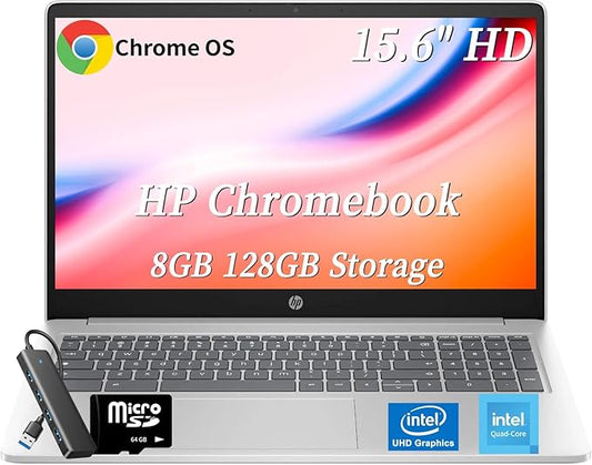HP Chromebook Laptop Student Business, 15.6" HD Anti-Glare Display, Intel Quad-Core N200, Chrome OS, Intel UHD Graphics, 8 GB RAM, 128 GB Storage (64 GB eMMC + 64 GB MicroSD), Wi-Fi 6, w/Accessories