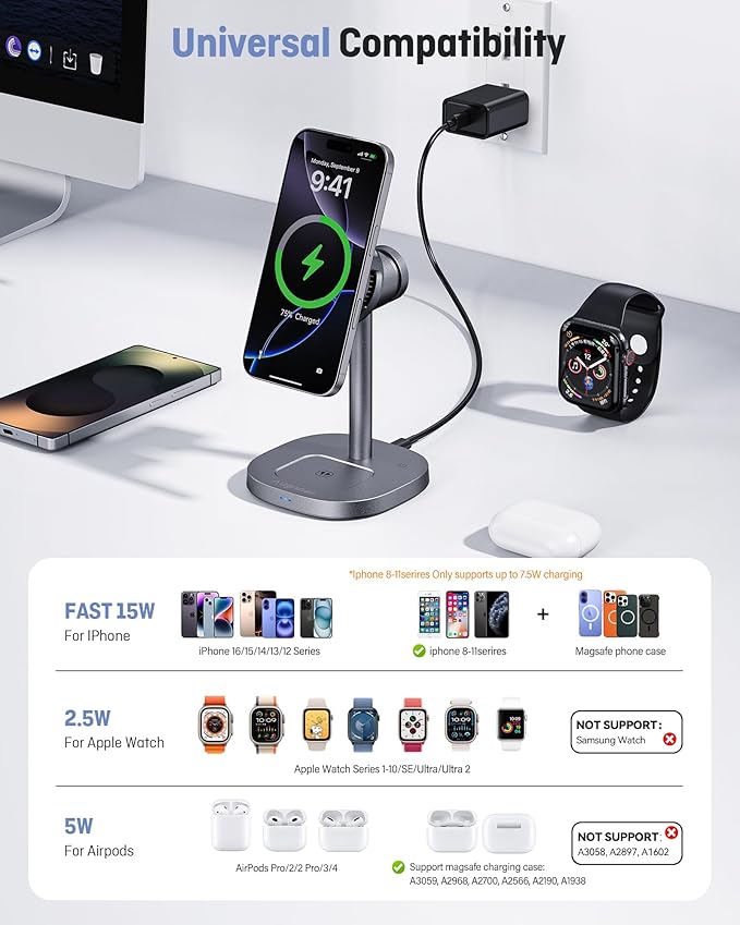 2025 New Magnetic Wireless Charger Stand with TEC Active Cooling, 15W Qi2-Certified 3 in 1 Charging Station for Apple Charger Stand, Wireless Charger for iPhone17/16/15/14/13/12, Apple Watch, AirPods
