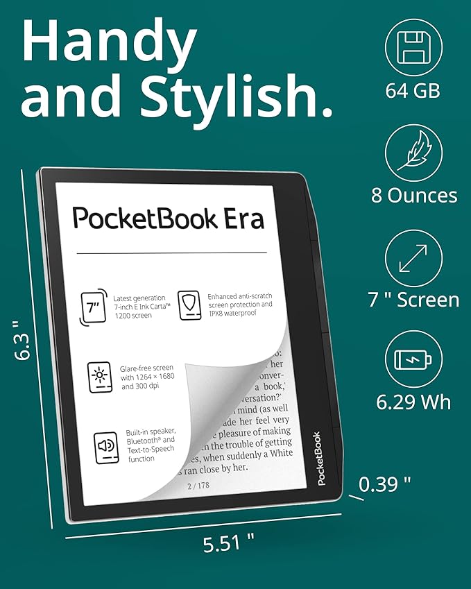 Pocketbook Era E-Reader, Stardust Silver, 16GB | 7ʺ Glare-Free & Eye-Friendly Touch-Screen with E -Ink Technology | Waterproof | Text-to-Speech, Audio- & E-Book Reader | SMARTlight & Built-in Speaker