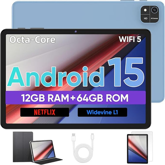 Tablet 10 inch Android 15 Tablet, Octa-Core Processor, 12GB RAM 64GB ROM 2TB Expand, 1280x800 HD Touchscreen, GPS, WiFi 5, Dual Camera, BT5.0, 6000mAh, Widevine L1