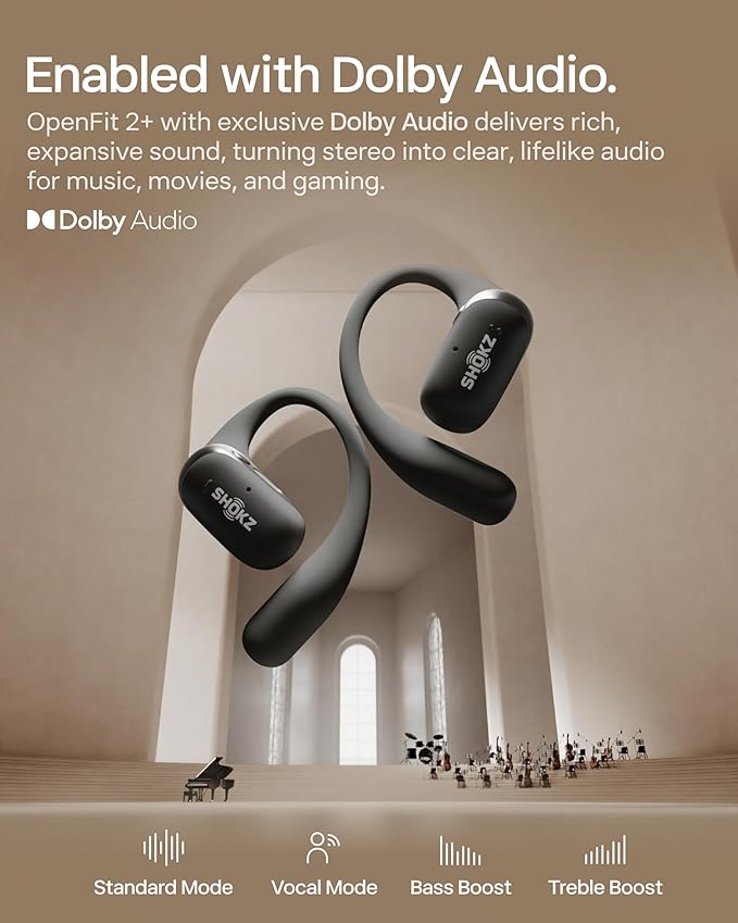 SHOKZ New OpenFit 2+ Open-Ear Headphones, Dolby Audio Enabled, Comfortable Earbuds with Soft Ear Hooks, 48H Playtime, IP55 Water-Resistant, USB-C Fast Charging, Wireless Charging, Carrying Bag, Grey
