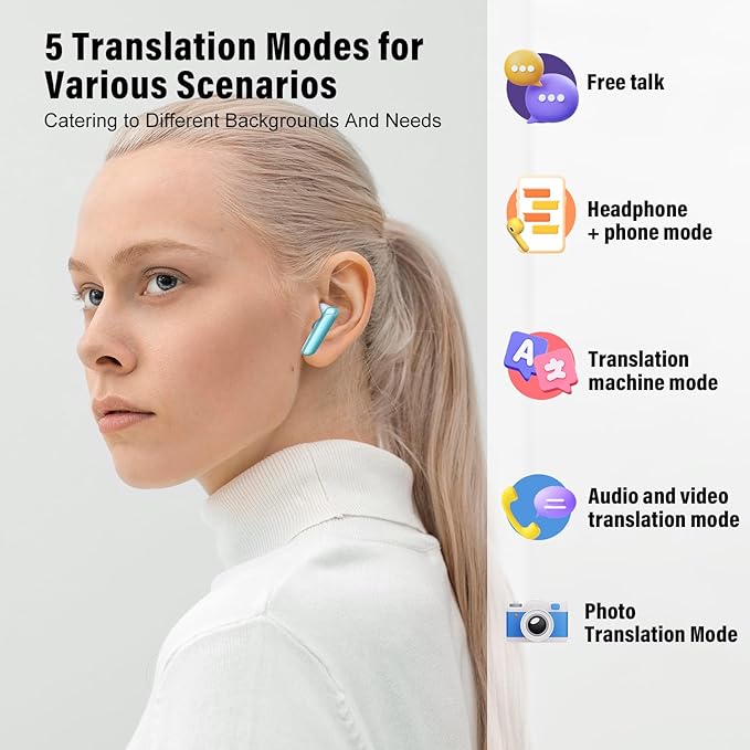 AI Language Translation Earbuds, 3-in-1 Translator Earbuds Real Time with 7 Translation Modes, with Audio and Video Call, 164 Language Bluetooth 5.3 Headphones Translating Device, Light Blue