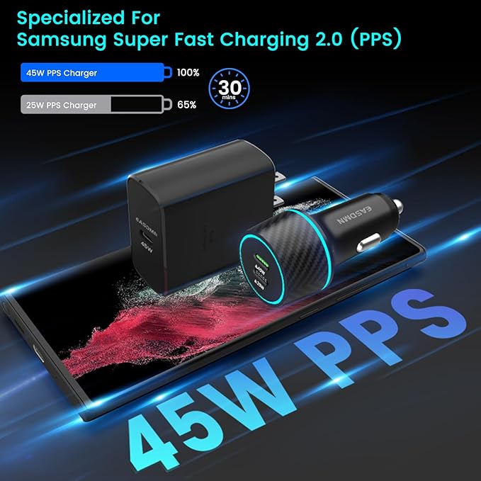 45W USB-C Charger, 2-Pack 45 Watt Super Fast Charger Type C PPS Wall/Car Charger for Galaxy S24 Ultra/S24+/S23 Ultra/S23+/S23/S22 Ultra/Note 10+, Tab S9 (6.6FT+3.3FT 5A Type C Cable)