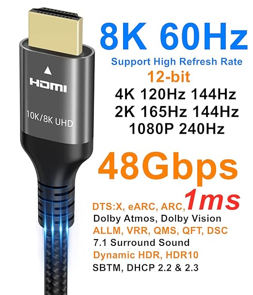 10K 8K 4K HDMI Cable 48Gbps 3.3 FT, Certified Ultra High Speed HDMI® Cable 4K 240Hz 144Hz 120Hz 8K60Hz 0.01ms HDR10+ eARC HDCP2.3 Netflix Roku TV PC Monitor Projector PS5 Xbox