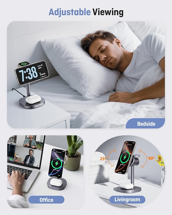 2025 New Magnetic Wireless Charger Stand with TEC Active Cooling, 15W Qi2-Certified 3 in 1 Charging Station for Apple Charger Stand, Wireless Charger for iPhone17/16/15/14/13/12, Apple Watch, AirPods