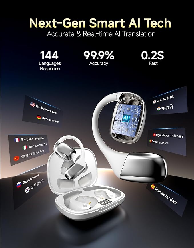 AI Translation Earbuds Real Time Interpretation– 144 Language Translator Device No Subscription, Pocket-Sized Wireless Bluetooth Translator Headphones for International Conferences, Trade Show& Travel
