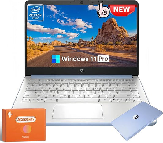 HP 2025 Laptop, Intel 4-Core N150(Beats N4120), 14" LED 250 nits, 16 GB RAM, 384 GB Storage(128GB UFS+256GB Micro SD), Webcam, WiFi, HDMI, Win 11 Pro, Microsoft Copilot, Blue, w/Accessories
