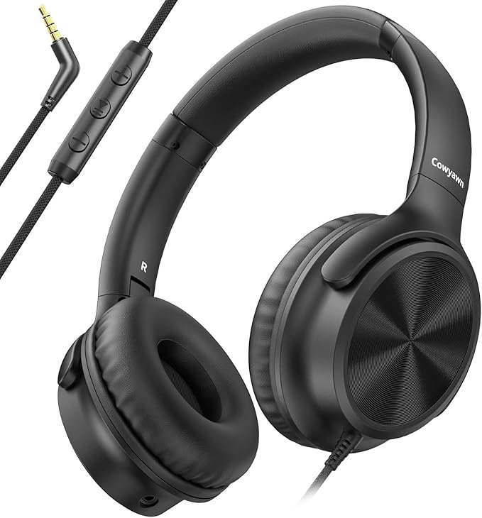 Over Ear Headphones Wired, 3.5mm Foldable Wired Headphones with Microphone, Volume Control, HD Stereo Sound, Lightweight Headphones for Adult/Teens/Chromebooks/Laptop/Computer/Tablets, Black