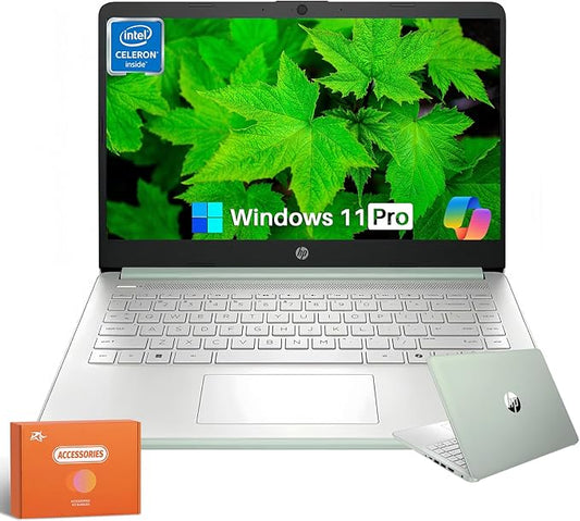 HP 2025 Laptop, Intel 4-Core N150(Beats N4120), 14" LED 250 nits, 16 GB RAM, 384 GB Storage(128GB UFS+256GB Micro SD), Webcam, WiFi, HDMI, Windows 11 Pro & Microsoft Copilot, Green, w/Accessories