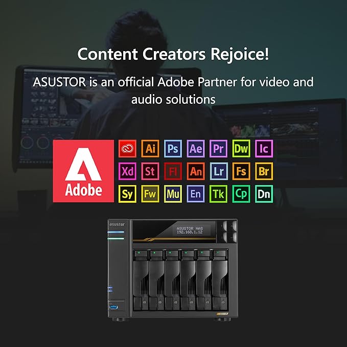 Asustor Lockerstor 6 Gen3 AS6806T 6 Bay NAS, AMD Ryzen Quad-Core 2.3GHz, 16GB ECC DDR5, 4 M.2 NVMe Slots, Dual 5GbE and 10GbE, Network Attached Storage for Video & Content Creator (Diskless)