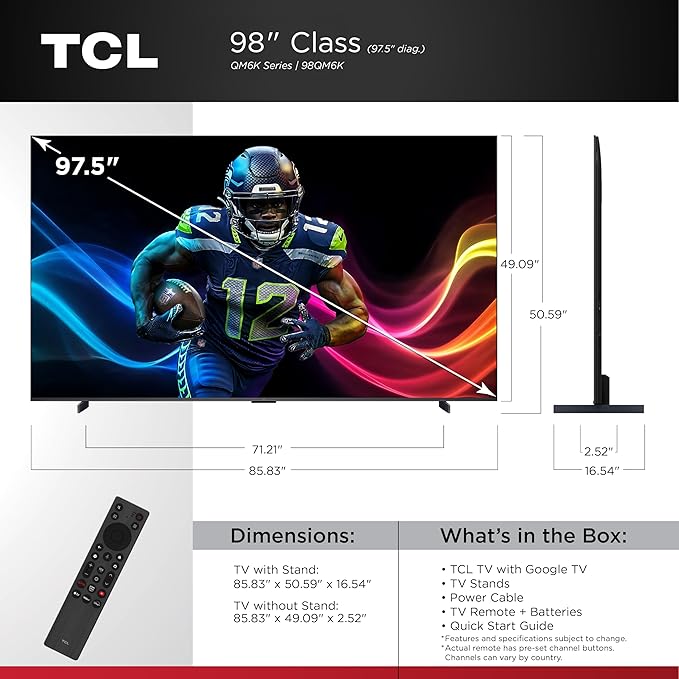 TCL 98 Inch Class QM6K Series | Mini LED QLED 4K HDR | 98QM6K, 2025 Model | 120HZ-144HZ High Brightness Smart Google TV Dolby Atmos Onkyo Audio | Voice Remote Alexa Gaming Streaming Television