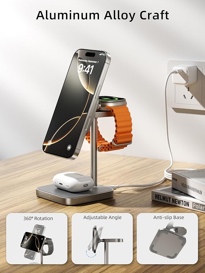 [Qi2 Certified ] LULULOOK 3 in 1 Charging Station with MagSafe, 15W QI2 Wireless Charger Stand Magnetic Charger for iPhone 17/16/15/14/13/12 Series, AirPods Pro/3/4, Apple Watch with 30W PD Adapter