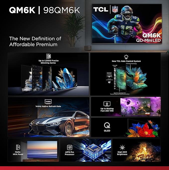 TCL 98 Inch Class QM6K Series | Mini LED QLED 4K HDR | 98QM6K, 2025 Model | 120HZ-144HZ High Brightness Smart Google TV Dolby Atmos Onkyo Audio | Voice Remote Alexa Gaming Streaming Television