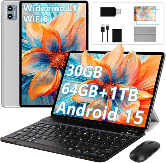 10 Inch Tablet Android 15 Tablets with Keyboard, 30GB 64GB 1TB Expand Tab PC with 2.0GHz Octa-Core, 8MP Camera, 6000mAh, GMS, WiFi 6, BT 5.0, FHD Display, Widevine L1, Gemini AI (Gray)