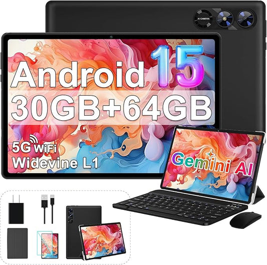 2025 Tablet 10 Inch Android 15 Tablets with Keyboard 30GB RAM 64GB ROM, Octa-Core 2-in-1 Tablet with Gemini AI, 5G WiFi, 6000mAh, HD IPS Display, GPS, Widevine L1, Split Screen, Mouse & Case -Black