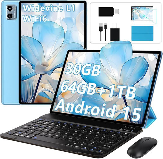 10 Inch Tablet Android 15 Tablets with Keyboard, 30GB 64GB 1TB Expand Tab PC with 2.0GHz Octa-Core, 8MP Camera, 6000mAh, GMS, WiFi 6, BT 5.0, FHD Display, Widevine L1, Gemini AI (Blue)