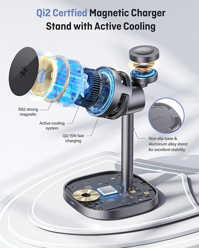 2025 New Magnetic Wireless Charger Stand with TEC Active Cooling, 15W Qi2-Certified 3 in 1 Charging Station for Apple Charger Stand, Wireless Charger for iPhone17/16/15/14/13/12, Apple Watch, AirPods