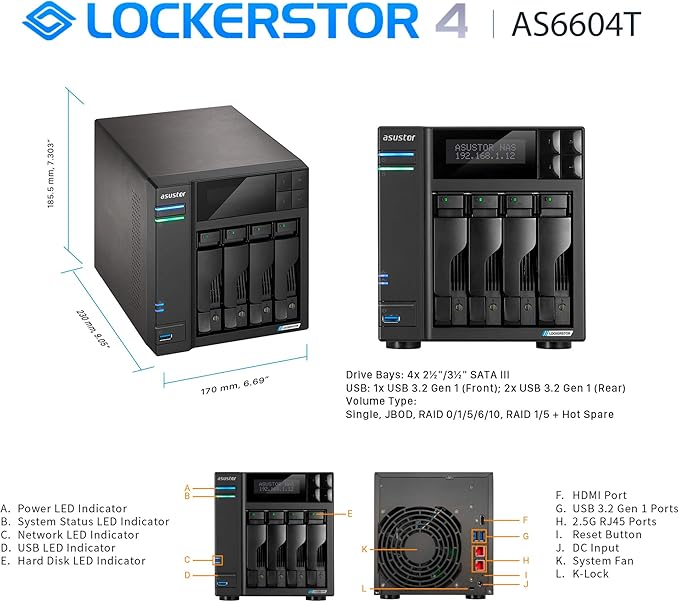 Asustor Lockerstor 4 AS6604T - 4 Bay NAS, Quad-Core 2.0GHz CPU, 2 2.5GbE Ports, 4GB RAM DDR4, 2 M.2 SSD Slots, Network Attached Storage (Diskless)
