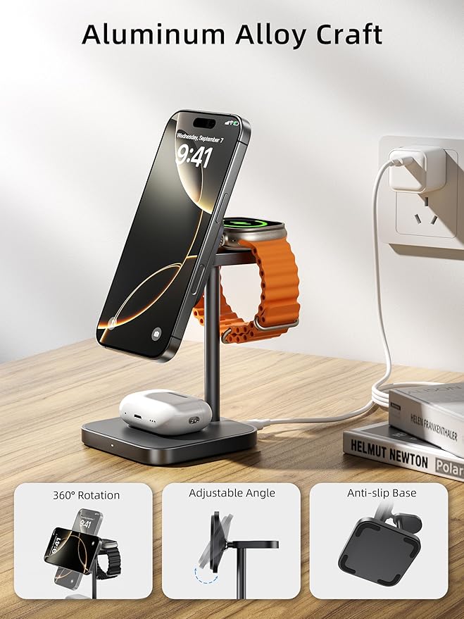 [Qi2 Certified ] LULULOOK 3 in 1 Charging Station with MagSafe, 15W QI2 Wireless Charger Stand Magnetic Charger for iPhone 17/16/15/14/13/12 Series, AirPods Pro/3/4, Apple Watch with 30W PD Adapter